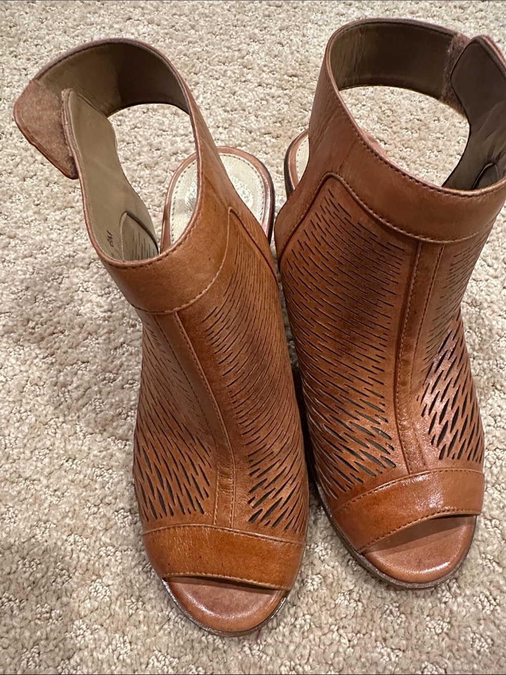 Vince Camuto Brown Laser-Cut Peep-Toe Block Heel Sandals